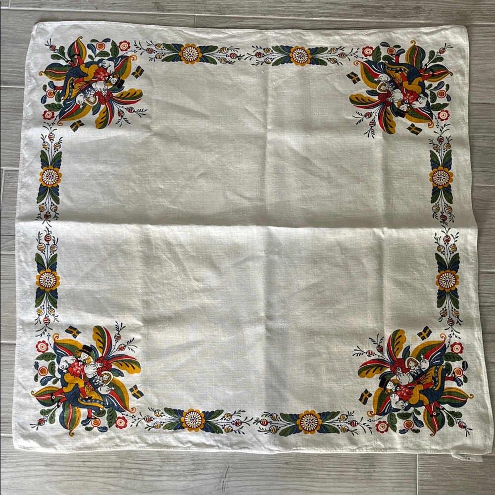 Froso Handyryck AB vintage Sweden table cloth linen dancing boy girl 30x30”